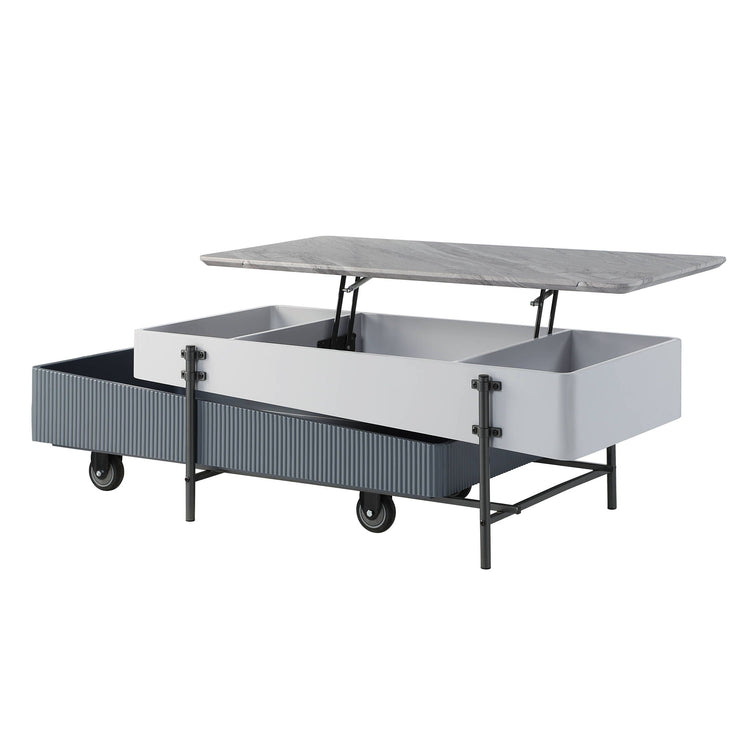 Gray and white high gloss Wilkins lift top coffee table with metal legs, featuring a sleek storage design by HouseOfZazla.