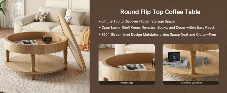 Round coffee table with lift-top dual storage, made of wood, by HouseOfZazla, ideal for living room organization and style.