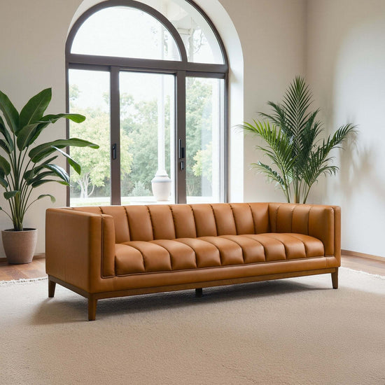 Mid Century Cognac Sofa by HouseOfZazla with Melissa vegan leather, featuring a sleek living room design and plush seating.