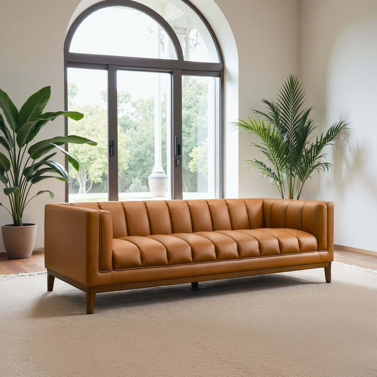 Mid Century Cognac Sofa by HouseOfZazla with Melissa vegan leather, featuring a sleek living room design and plush seating.