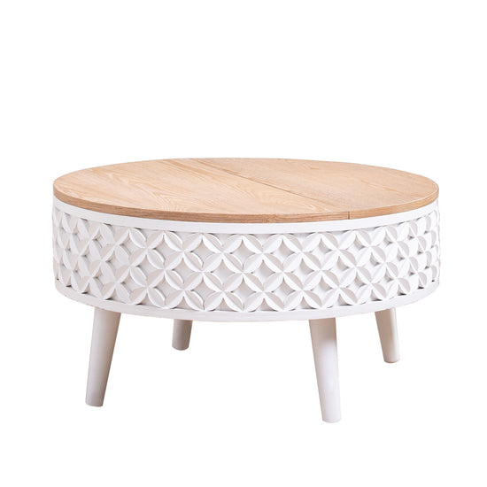Boho farmhouse round lift-top coffee table with storage from HouseOfZazla, featuring a natural wood finish and stylish design.