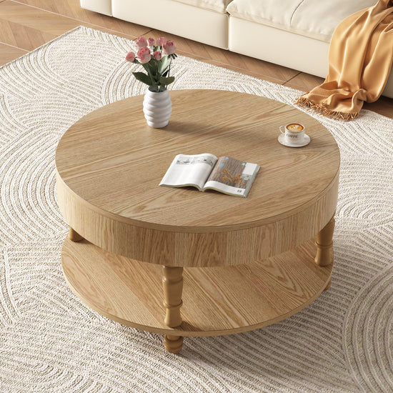 Round wooden coffee table with lift-top dual storage, HouseOfZazla, featuring a modern design and practical storage space.