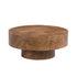 Round walnut veneer coffee table with burl wood finish and pedestal base, ideal for modern living room decor.