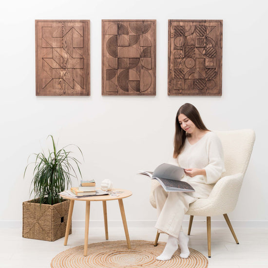 Natural wooden Bauhaus wall decor with geometric design, handcrafted wooden wall art by Enjoy The Wood B2B.