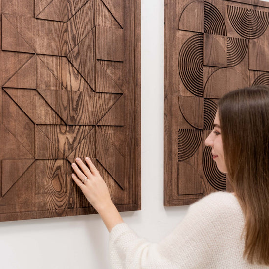 Geometric wooden wall art by Enjoy The Wood B2B, modern Bauhaus-style wall decor with natural wood finish.