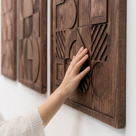 Wooden Bauhaus wall decor featuring geometric shapes, crafted by Enjoy The Wood B2B, ideal for modern interior wall art.