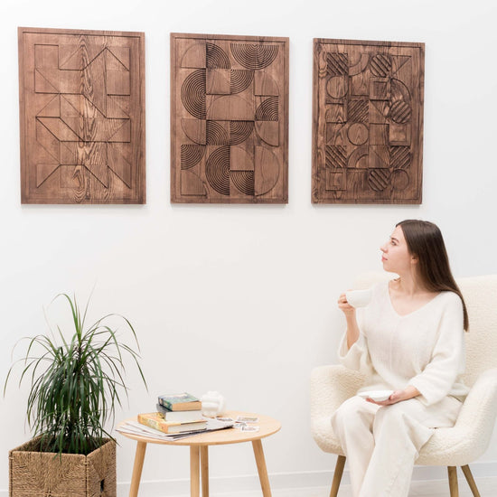 Geometric wooden wall art by Enjoy The Wood B2B, modern Bauhaus wall decor with angular shapes and natural wood finish.