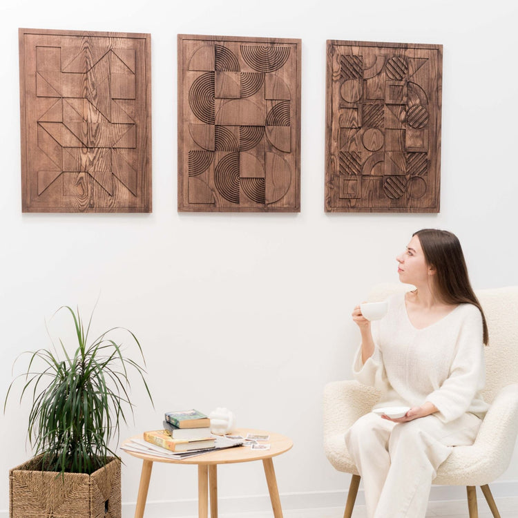 Geometric wooden wall art by Enjoy The Wood B2B, modern Bauhaus wall decor with angular shapes and natural wood finish.