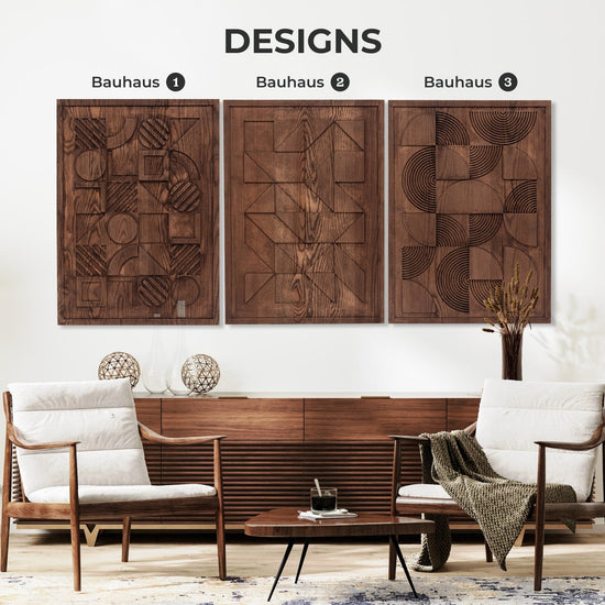 Geometric wooden wall decor by Enjoy The Wood B2B, modern Bauhaus-style wooden wall art with geometric shapes for interior decor.