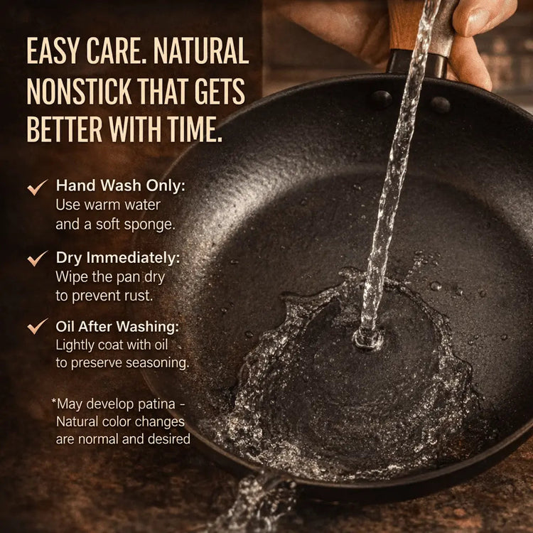 Black Alva Cookware frying pan with a non-stick surface and stainless steel handle, shown from a top-down view.