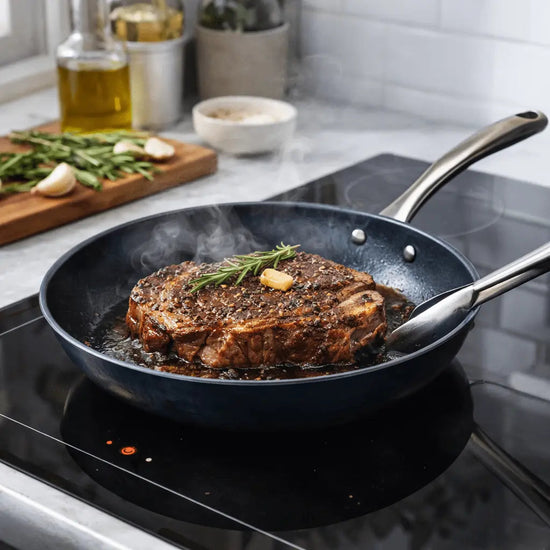 Black Alva Cookware frying pan with a non-stick surface, shown from a top-down view on a stove.
