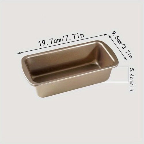 Stainless steel loaf pan with dimensions indicated on a white background