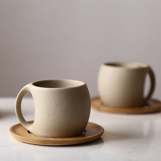 Two beige ceramic mugs with wooden coasters on a light surface.
