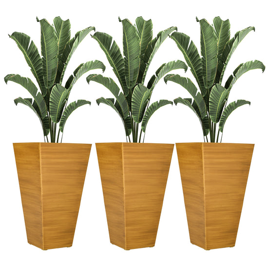 Gallery La La Outsunny 28-inch outdoor planters set of 3 with faux wood finish and drainage holes for garden or patio decor.