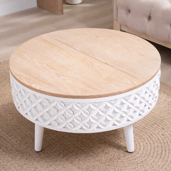 Boho farmhouse round lift-top coffee table with storage by HouseOfZazla, featuring a natural wood finish and stylish design.