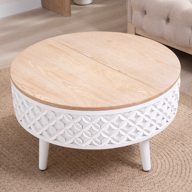 Boho farmhouse round lift-top coffee table with storage by HouseOfZazla, featuring a natural wood finish and stylish design.