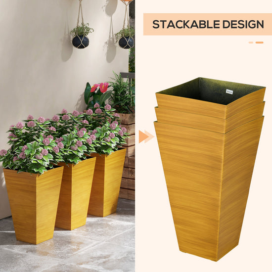 Set of three 28-inch tall Outsunny outdoor garden planters with faux wood finish, drainage holes, suitable for garden or patio.