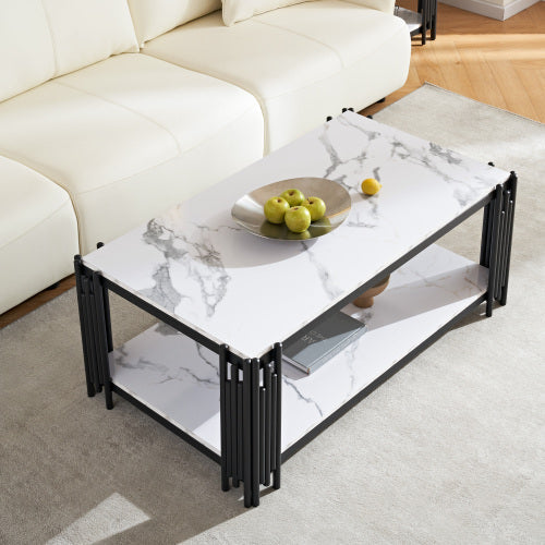 Marble Patterned Coffee Table With Storage Rack