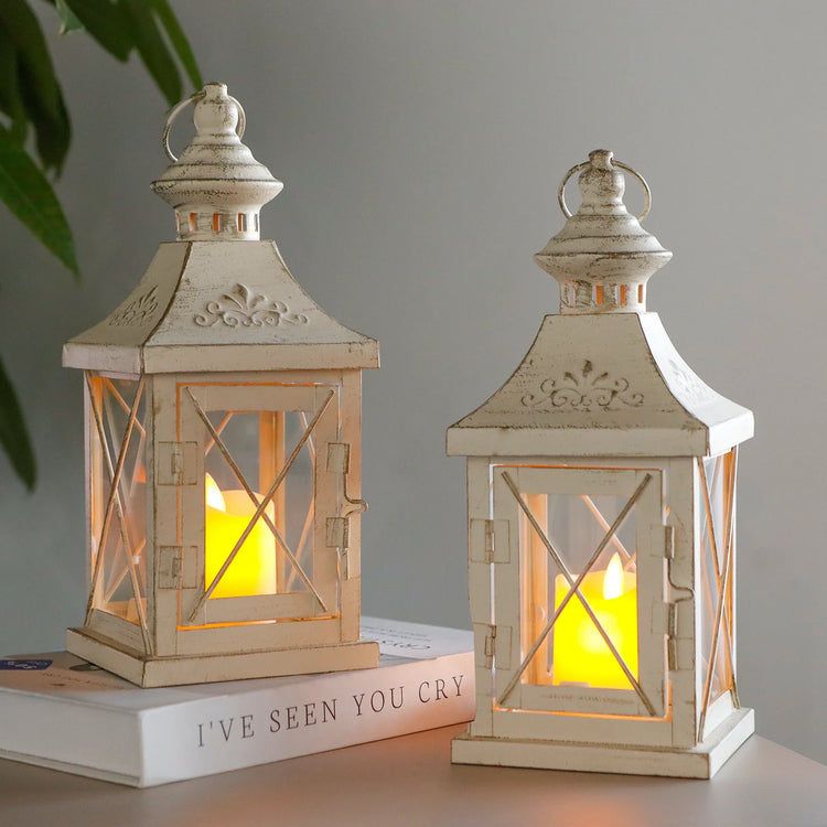 White and Gold Candle Lanterns — Set of 2, 11" Metal and Glass
