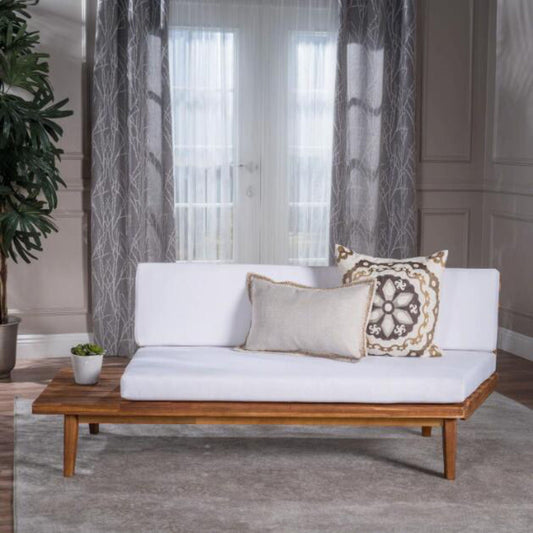 HouseOfZazla Hillcrest 2 Seater Outdoor Sofa with acacia wood frame and cushioned seating for patio or garden lounging.