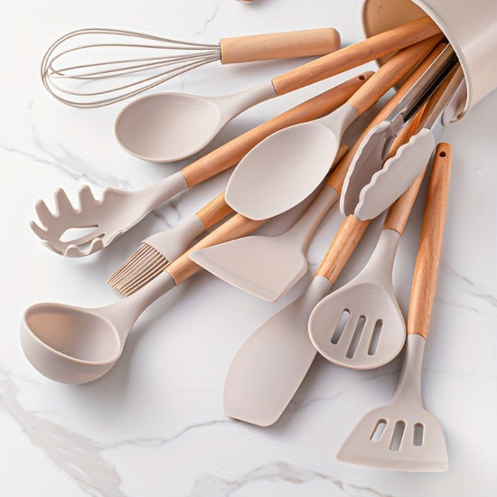 12-Piece Grey Silicone Kitchen Utensil Set with Holder – Heat Resistant - Modern Home & Kitchen