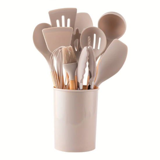 12-Piece Grey Silicone Kitchen Utensil Set with Holder – Heat Resistant - Modern Home & Kitchen