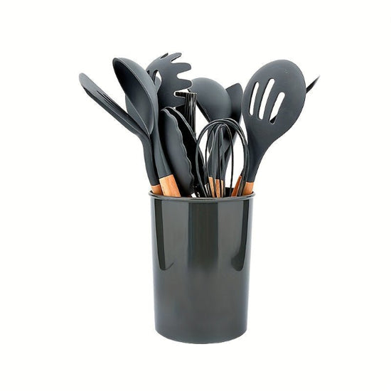 12-Piece Grey Silicone Kitchen Utensil Set with Holder – Heat Resistant - Modern Home & Kitchen