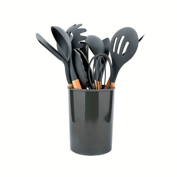 12-Piece Grey Silicone Kitchen Utensil Set with Holder – Heat Resistant - Modern Home & Kitchen