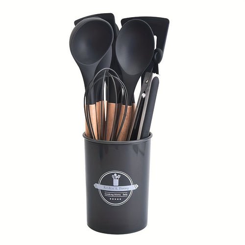 12-Piece Grey Silicone Kitchen Utensil Set with Holder – Heat Resistant - Modern Home & Kitchen