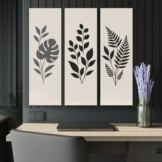 Chic botanical triptych acrylic wall art by DipaliZ featuring modern leaf plant decor for stylish home interior.