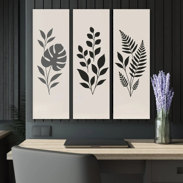 Chic botanical triptych acrylic wall art by DipaliZ featuring modern leaf plant decor for stylish home interior.