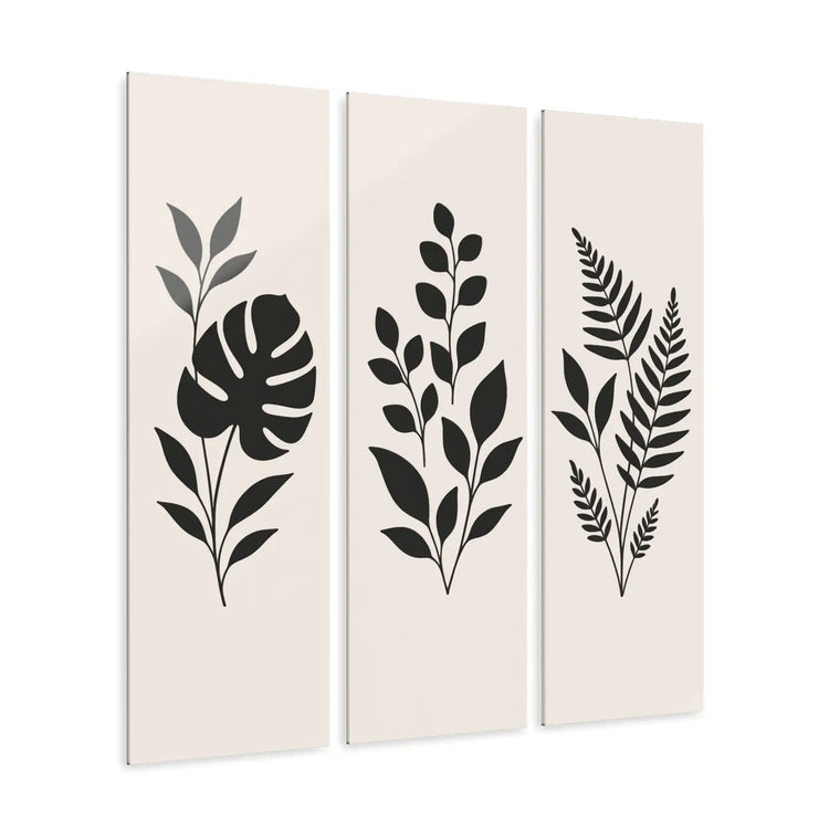 Modern DipaliZ botanical triptych acrylic wall art featuring sleek leaf designs for stylish plant-inspired home decor.
