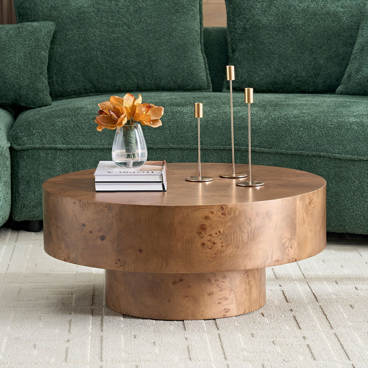 Round burl wood veneer coffee table with walnut pedestal base, 31.49 inches diameter, from HouseOfZazla.