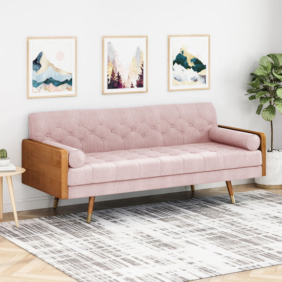 Grey Aidan Mid Century Modern tufted fabric sofa from HouseOfZazla, a stylish stationary couch with clean lines and tufted cushions.