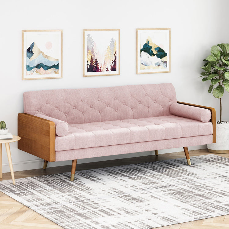 Grey Aidan Mid Century Modern tufted fabric sofa from HouseOfZazla, a stylish stationary couch with clean lines and tufted cushions.