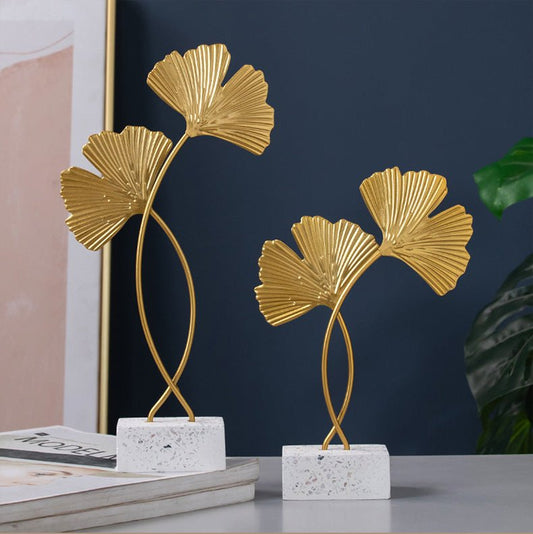 Golden Leaf Metal Sculpture on Wood Base – Ginkgo & Monstera - Modern Home & Kitchen