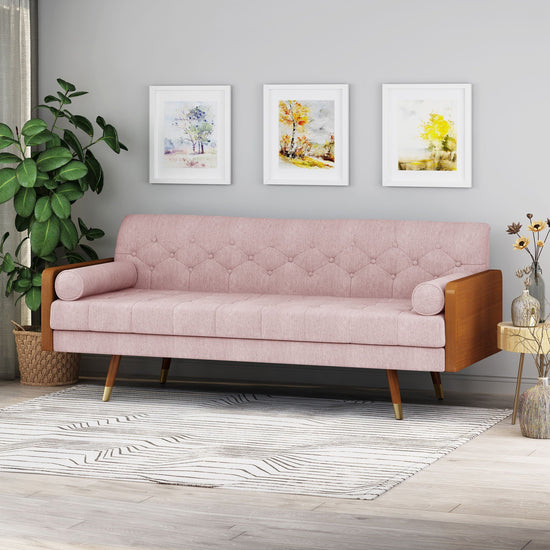 Grey Aidan Mid Century Modern tufted fabric sofa by HouseOfZazla, stationary couch with clean lines and plush upholstery.