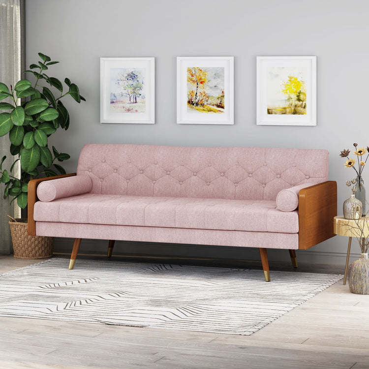 Grey Aidan Mid Century Modern tufted fabric sofa by HouseOfZazla, stationary couch with clean lines and plush upholstery.