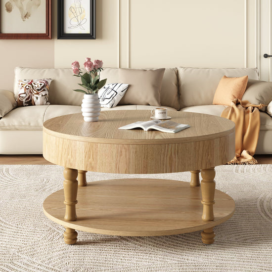 Round HouseOfZazla coffee table with dual storage and lift-top design, made of wood, featuring a sleek modern look.