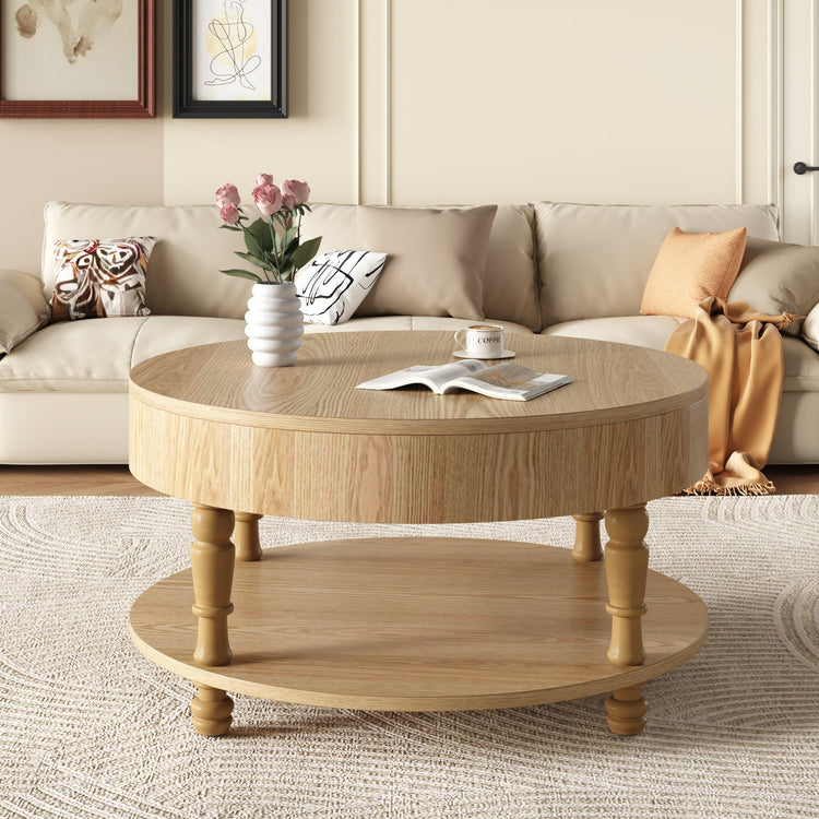 Round HouseOfZazla coffee table with dual storage and lift-top design, made of wood, featuring a sleek modern look.