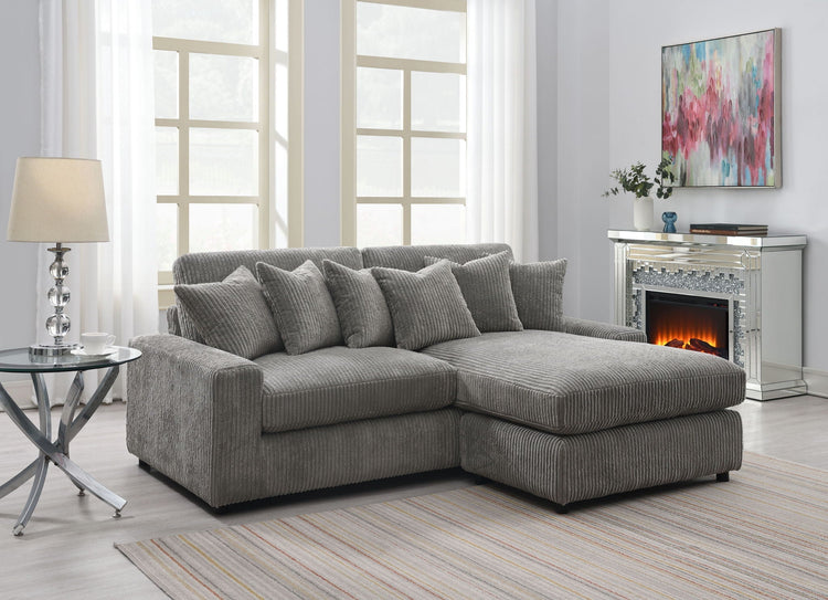 Gray Tavia L-shape reversible sectional sofa by HouseOfZazla with corduroy fabric, pocket coil cushions, and six decorative pillows.