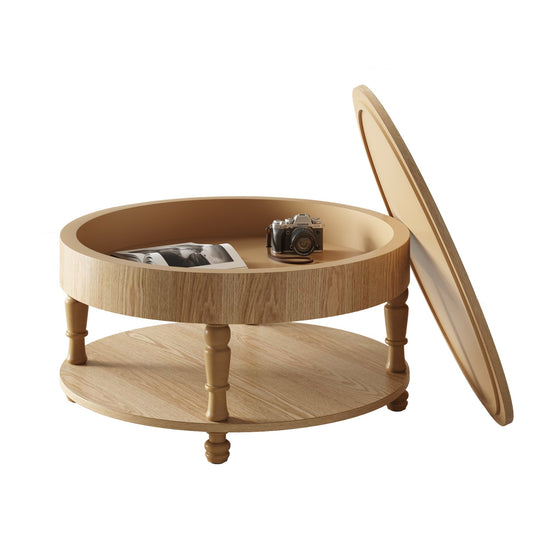 Round HouseOfZazla coffee table with lift-top dual storage, made of wood, featuring a smooth surface and functional design.