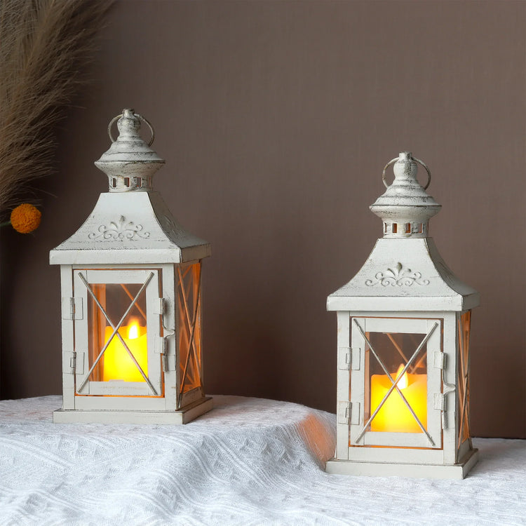 White and Gold Candle Lanterns — Set of 2, 11" Metal and Glass