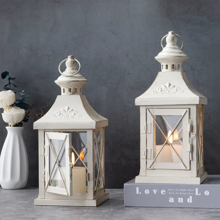 White and Gold Candle Lanterns — Set of 2, 11" Metal and Glass