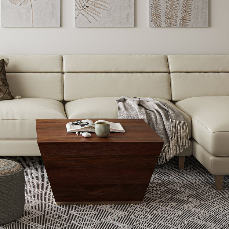 Square Abba coffee table by HouseOfZazla in cognac brown mango wood, modern design with clean lines and a sturdy surface.