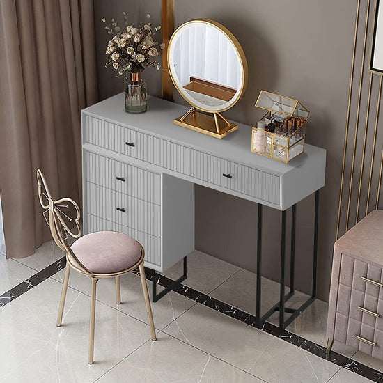 Modern white vanity desk with side cabinet and adjustable layout