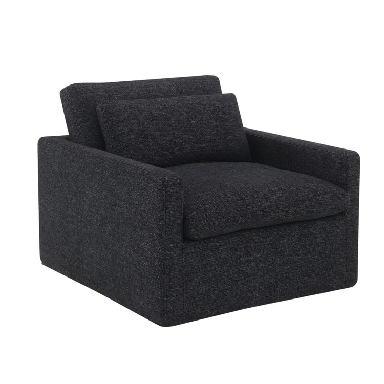 HouseOfZazla Naveen swivel chair with toss pillow, modern 360° lounge chair in stylish fabric, perfect for living rooms.