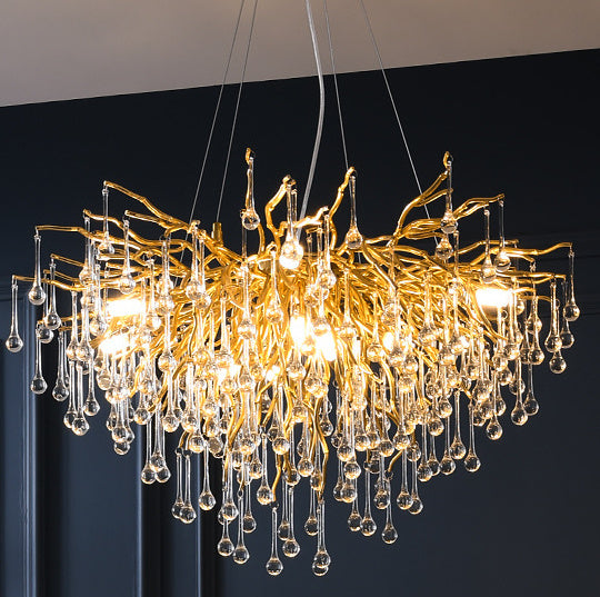 Decorbites Postmodern Light Luxury Chandelier with water drop crystal design and atmospheric glow, elegant ceiling lighting fixture.