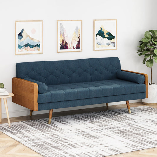 Grey Aidan Mid Century Modern tufted fabric sofa by HouseOfZazla, showcasing a stylish stationary couch with tufted upholstery.