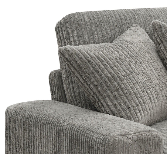 Gray Tavia L-shape sectional sofa by HouseOfZazla with corduroy fabric, pocket coil cushions, and six decorative pillows.